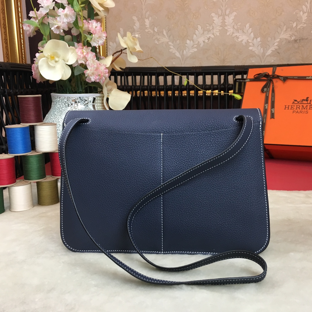 Hermes Halzan 31 Handbag Shoulder Bag In Blue Nuit Clemence Leather